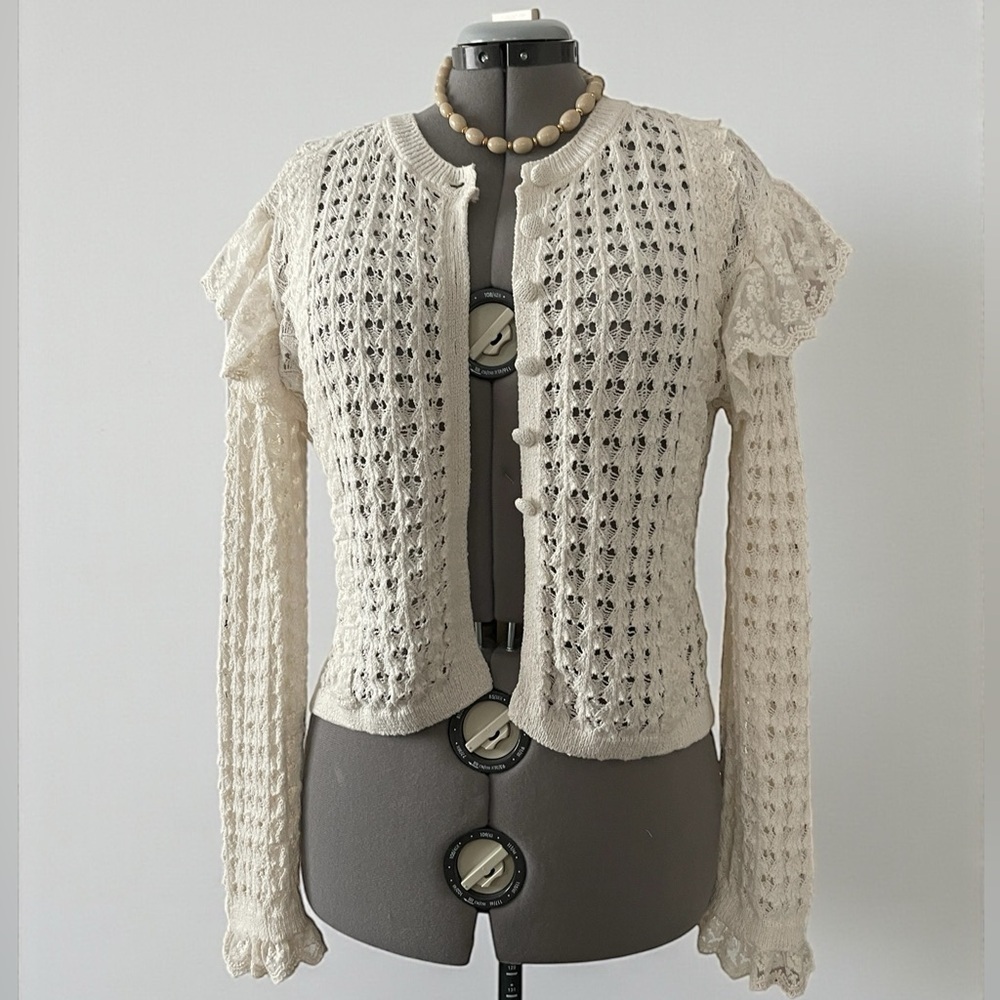 Zara Cream Ivory Lace Knit Cardigan Large Coquette Cottagecore Cropped Top - Picture 9 of 9